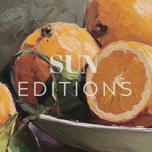 May include: A bowl filled with ripe oranges, some cut in half, revealing their juicy flesh. The oranges are a vibrant yellow-orange color, with a textured skin. The bowl is white and has a green leafy stem with leaves extending from the bowl.