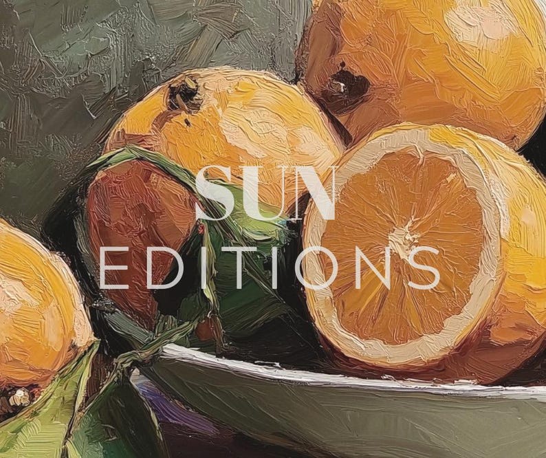 May include: A bowl filled with ripe oranges, some cut in half, revealing their juicy flesh. The oranges are a vibrant yellow-orange color, with a textured skin. The bowl is white and has a green leafy stem with leaves extending from the bowl.