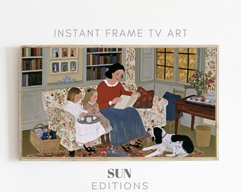 Lezen met moeder, ingelijste tv-kunst, bloemenbank, landelijke volkskunst, 4K digitale download
