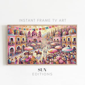 Puede incluir: Una pintura colorida que representa una plaza de pueblo animada en México. La escena está llena de gente, edificios coloridos y decoraciones festivas. La pintura está hecha en un estilo vibrante e impresionista.