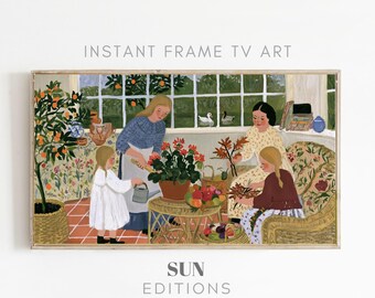 Serre met bloemenlijst, tv-kunst, planten water geven, landelijke volkskunst, 4K digitale download
