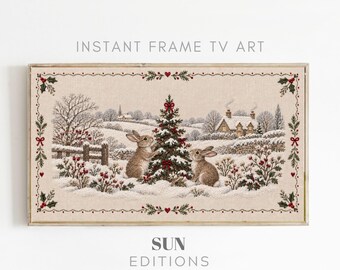 Christmas Rabbits Frame TV Art, Woodland Bunny Embroidery Winter Samsung Art, Digital Download