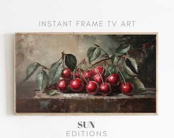 Marco de TV Samsung Art Summer / Pintura al óleo vintage de cerezas oscuras y melancólicas / Decoración de pared de naturaleza muerta / Protector de pantalla de otoño Descarga digital