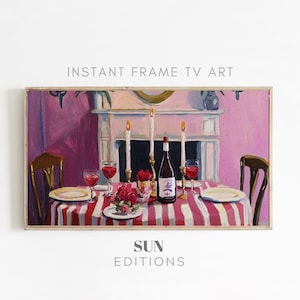 May include: A painting depicting a romantic dinner setting with a red and white striped tablecloth, candles, wine glasses, and a bottle of wine. The scene is set in a room with a fireplace and pink walls.