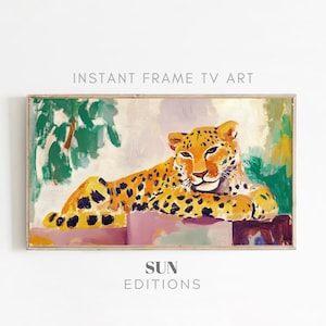 May include: A painting of a leopard lying down on a pink and purple background. The leopard is orange and black with a green leafy background.
