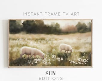Vintage abstracte weide lente frame tv-kunst - bloemen olieverfschilderij - antiek zacht gedempt decor - tv-kunst lammeren - digitale download