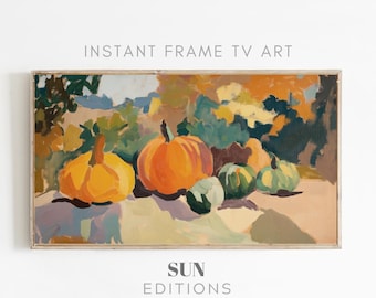 May include: A painting of a still life with pumpkins and gourds. The pumpkins are orange and yellow, and the gourds are green. The background is a blurry landscape of trees and sky.