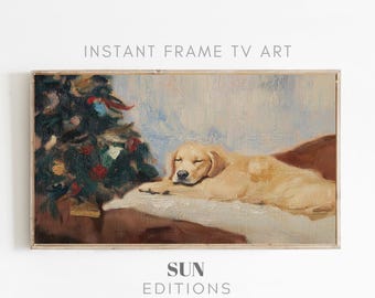 May include: A painting of a golden retriever dog sleeping next to a decorated Christmas tree. The dog is lying on its side with its head resting on its paws. The tree is decorated with red, green, and blue ornaments.