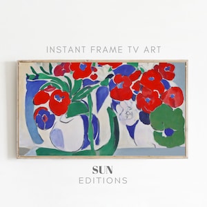 Samsung Frame TV Art, Red and Blue Flowers, Floral painting, Digital Download