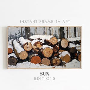 Samsung Frame TV Art Winter Oil Painting, pile of wood TV Art, Snow Landscape for TV, Art Digital Download