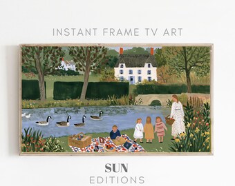 TV-kunstwerk met picknick aan de rivier, stenen brug, landelijke volkskunst, 4K digitale download