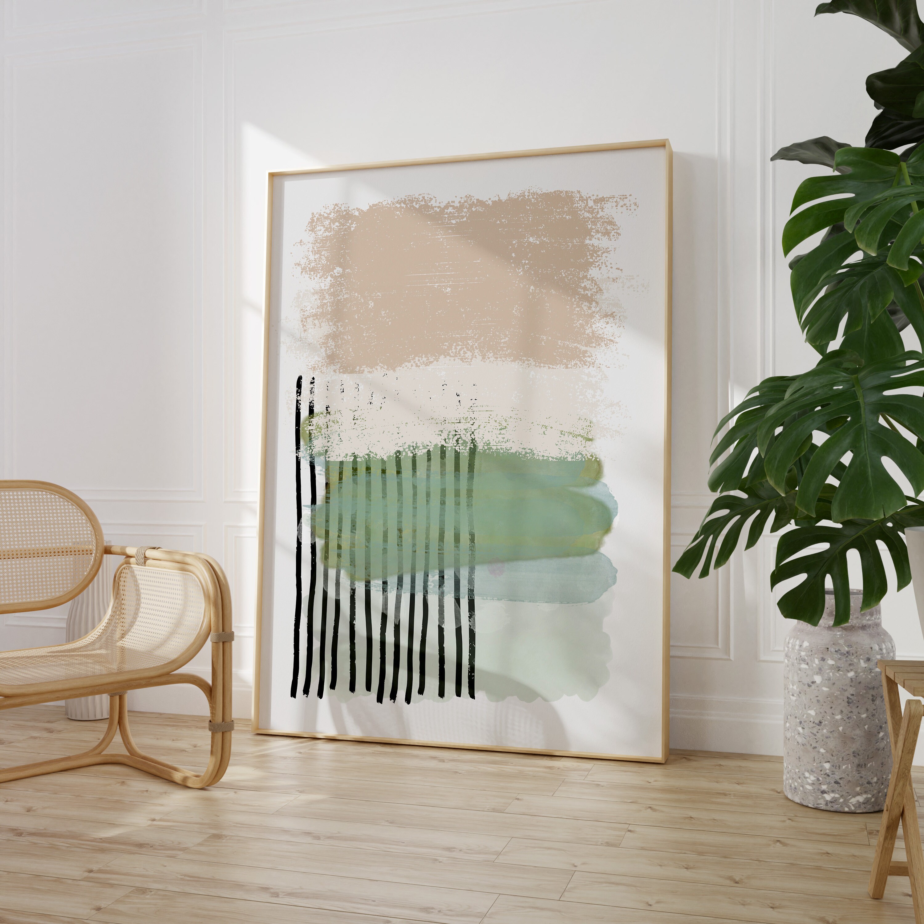 Green Pink Abstract Art, Green Pink Watercolour Strokes Printable Wall Art, Minimal Print Set of