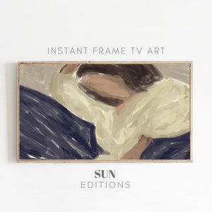 May include: A digital painting of a person with brown hair wearing a white shirt. The background is a light brown with a dark blue stripe pattern.