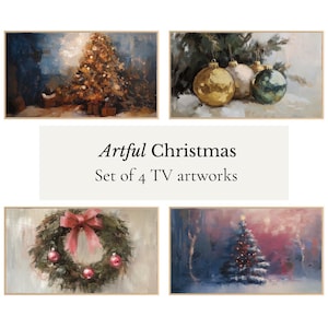 May include: A set of four framed TV artworks with a Christmas theme. The artworks depict a decorated Christmas tree, baubles, a wreath with a red bow, and a snowy forest scene. The text "Artful Christmas" is displayed.