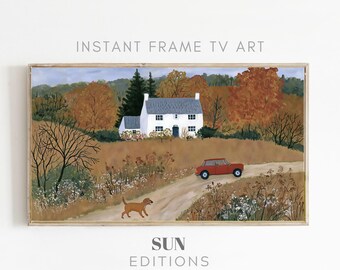 Tv-kunstwerk in landelijke stijl, rode oldtimer, volkskunst, 4K digitale download