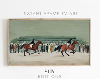 Gedempt racedag vintage tv-frame schilderij, modern hippisch cottagecore-decor (digitale download)