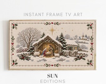 Kerststal-tv-decoratie, besneeuwde stal, borduurstijl, 4K digitale download