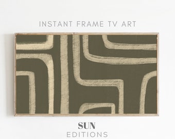 May include: Abstract geometric art print with a green background and beige lines. The print is framed in a light wood frame. The text "SUN EDITIONS" is below the frame.