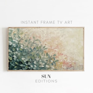 Op de afbeelding: Een digitale schildering van een groene, bladerrijke struik met een zachte, wazige achtergrond van roze en wit. Het schilderij heeft een licht, luchtig gevoel en is ingelijst in een licht houten lijst.