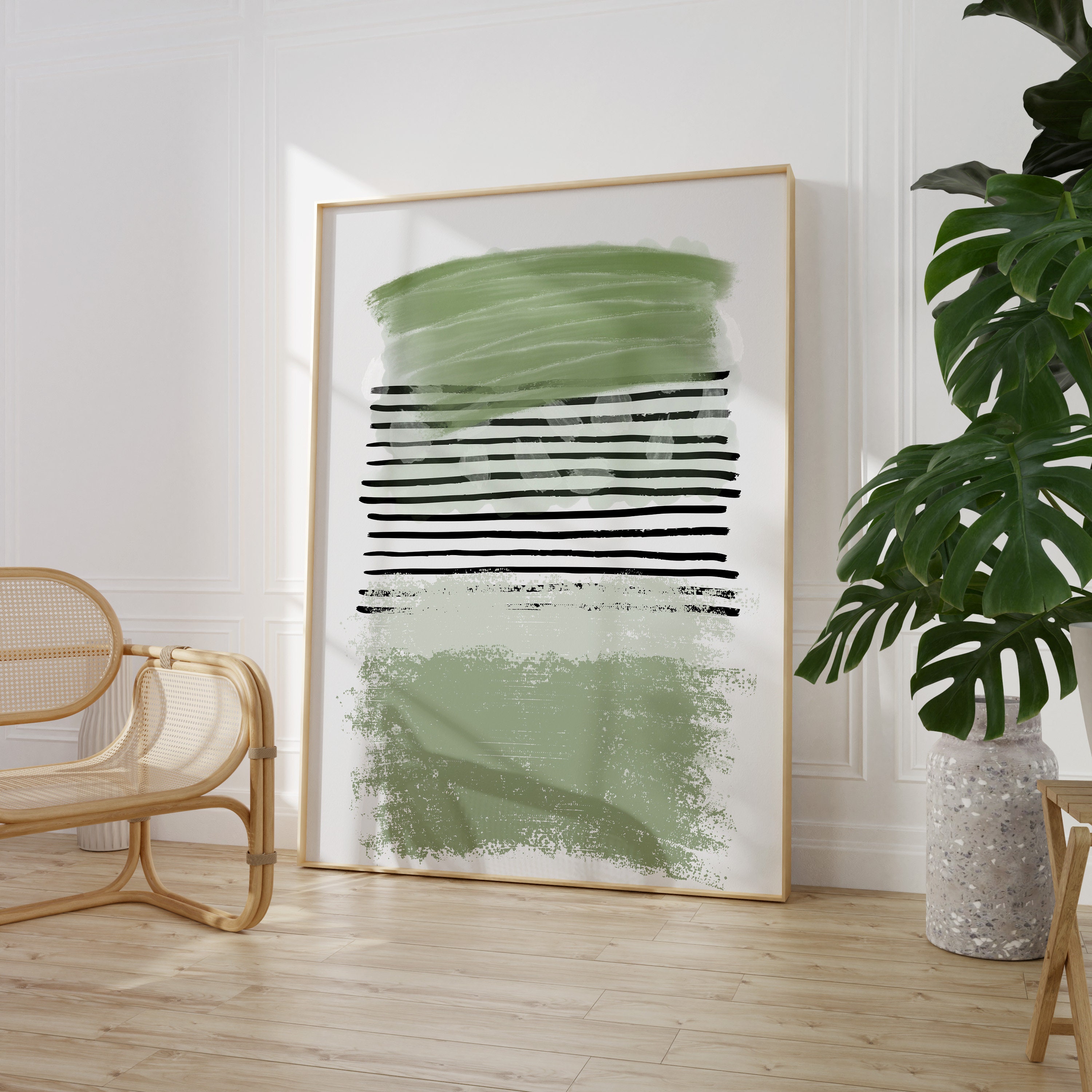 Green Pink Abstract Art, Green Pink Watercolour Strokes Printable Wall