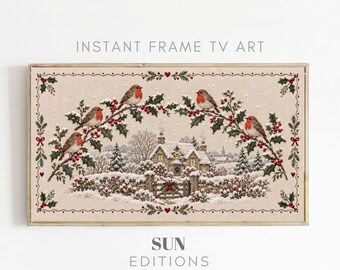 Kerstlijst met roodborstje, tv-decoratie, Engelse wintervogelborduurwerk, Samsung Art, digitale download