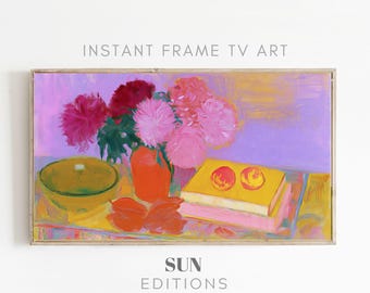 Roze boeketlijst tv-kunst, stilleven met boeken, kleurrijk schilderij, 4K digitale download