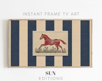 Vintage textiel gestreept paard tv-kunst, paardensport Samsung frame tv-kunst, rustieke moderne decoratie, paardenkunst, digitale download