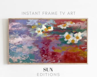 Lijst tv-kunst lentelandschap met narcis witte bloemen, kleurrijk schilderij voor de Samsung-lijst
