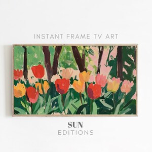 Könnte beinhalten: Ein Gemälde, das ein Feld mit bunten Tulpen in Rot-, Gelb-, Rosa- und Grüntönen zeigt. Die Tulpen blühen und der Hintergrund ist ein verschwommenes Bild von Bäumen.