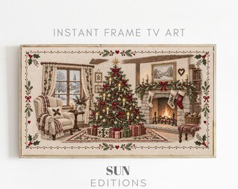 Vintage kerstboomframe tv-decoratie, rode strik, huisje, borduurwerk, Samsung kunst, digitale download
