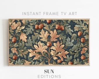 May include: A framed print of a vintage botanical illustration featuring a repeating pattern of oak leaves and acorns in shades of brown, green, and blue.