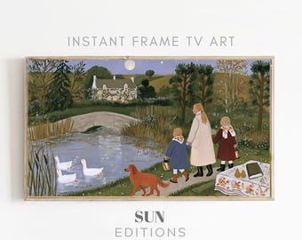 Maanverlichte rivierwandeling, ingelijste tv-kunst, dorpsvoetbrug, landelijke cottage-kunst, 4K digitale download