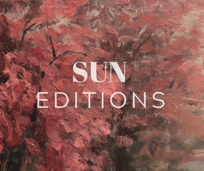 May include: A painting of a tree with red leaves and the text "SUN EDITIONS" in white.