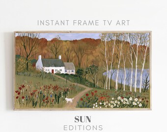 TV-kunstwerk met herfstvijver en huisje, kronkelend tuinpad, landelijke cottage-kunst, 4K digitale download