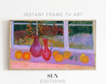 Twee rode vazen ​​omlijsten tv-kunst, sinaasappels bij het raam, kleurrijk schilderij, 4K digitale download