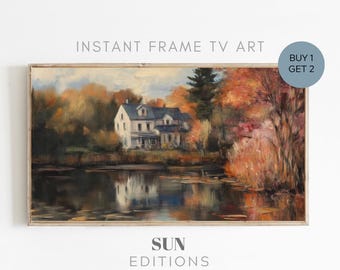 May include: A painting of a white house with a lake in front of it. The house is surrounded by trees with fall foliage in shades of red, orange, and yellow. The lake reflects the colors of the trees and the sky.