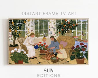 Familie serre frame tv kunst, citrusplanten, landelijke volkskunst, 4K digitale download