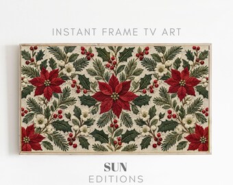 Cottage Christmas Embroidery Frame TV Art, Red Green Holiday Textile Samsung Art, Digital Download