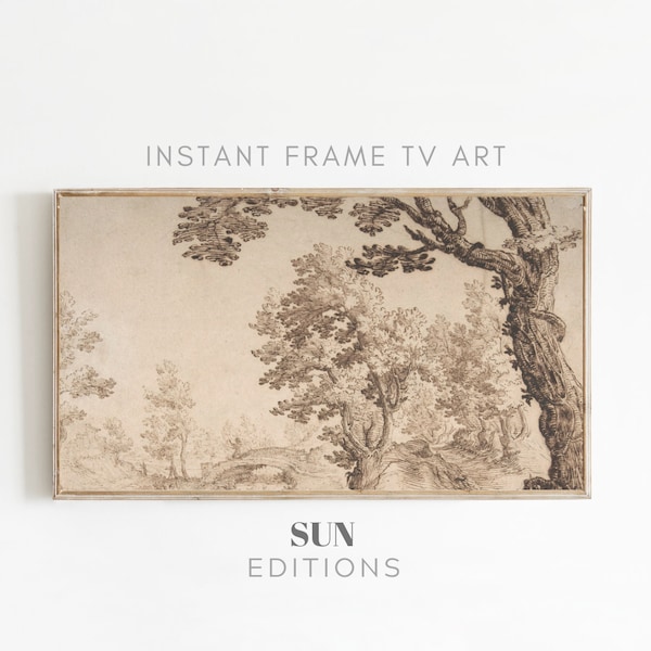 Samsung Frame TV Art Vintage Sketch, Trees Drawing, Neutral Sepia Landscape, Rustic vintage TV Art, Instant Download