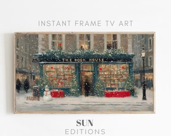 Kerstboekhandelschilderij voor Samsung Frame tv-kunst, boekenliefhebber, gezellige winter (digitale download)