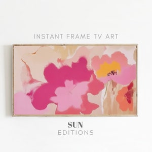 May include: Abstract painting featuring pink, orange, and yellow flowers against a beige backdrop. The artwork is framed in a light wood frame. The text "SUN EDITIONS" is printed beneath the painting.