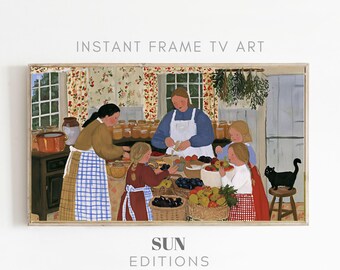 Het bewaren van foto's van een tv-frame in de keuken, fruitjampotten, landelijke volkskunst, 4K digitale download
