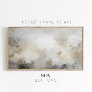 Puede incluir: Una pintura abstracta enmarcada con un esquema de color gris claro, blanco y marrón. La pintura se titula "INSTANT FRAME TV ART" y está firmada "SUN EDITIONS".