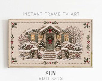 Christmas Cottage Door Frame TV Art, English Holiday Entryway Embroidery Download