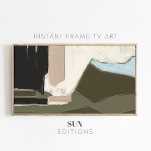 May include: Abstract art print with a framed design featuring black, white, brown, and blue colors. The print has a modern and minimalist style.