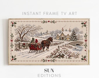 Kerstfotolijst met paardenslee, tv-kunst, winterse paardensportborduurwerk, Samsung Art, digitale download