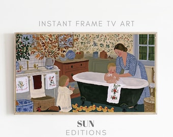 Cottage Bath Time Frame TV Art, Vrijstaand bad, Cottage Folk Art, 4K digitale download