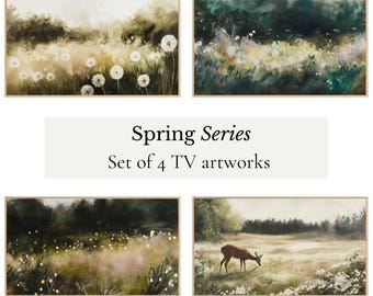 Vintage landschapsschilderij lente lijst tv-kunst, gedempte groene weide, rustieke boerderij natuur decor