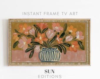 Herbstblumen-Kunst in Orange und Rosa für Samsung-Bilderrahmen, trendige botanische Malerei als digitaler Download