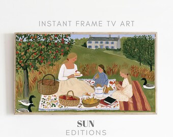 Lijst met afbeeldingen van een theekransje in een boomgaard, tv-kunst, schaduw van een appelboom, landelijke volkskunst, 4K digitale download